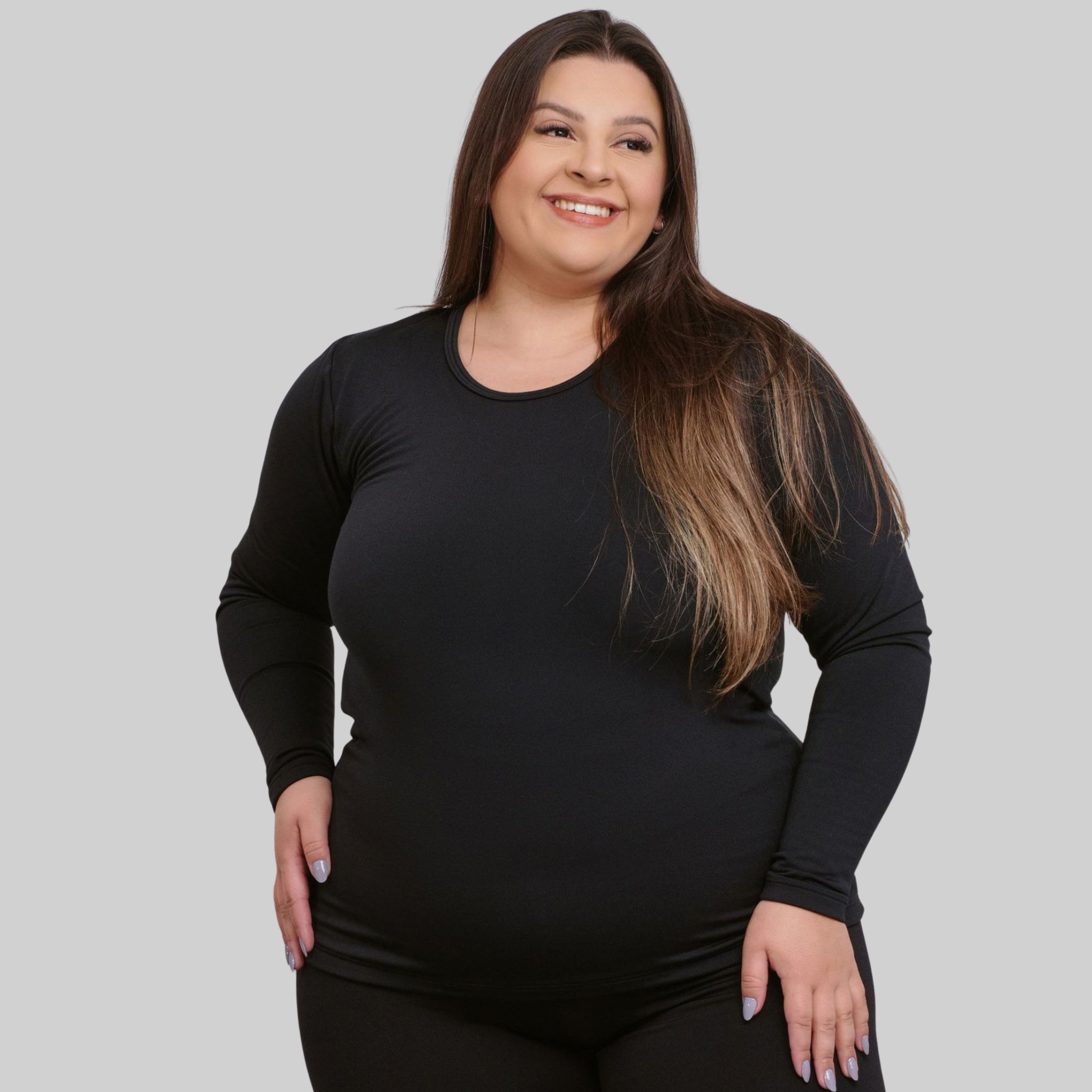 Blusa Plus Size Térmica Flanelada Inverno - Preto 46 Blusa Plus Size Térmica Flanelada Inverno - Preto 46