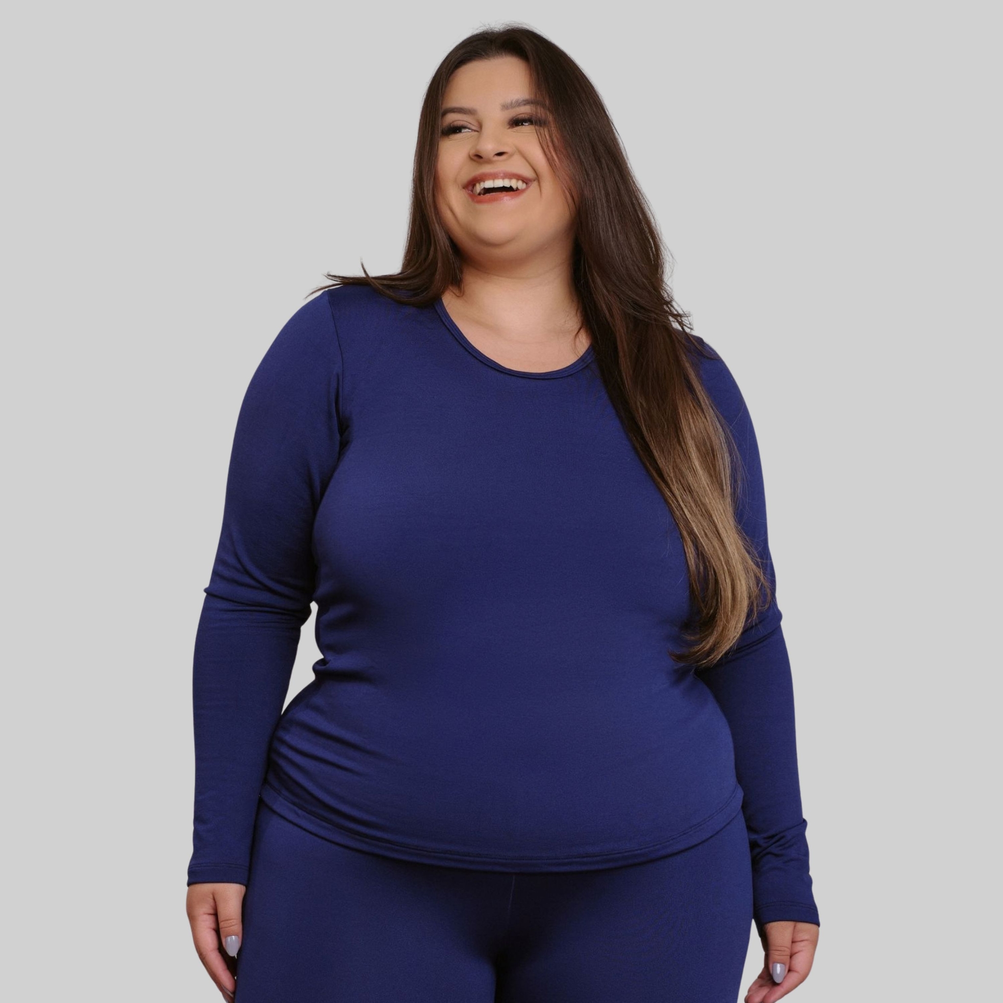 Blusa Plus Size Térmica Flanelada Inverno - Marinho 46 Blusa Plus Size Térmica Flanelada Inverno - Marinho 46