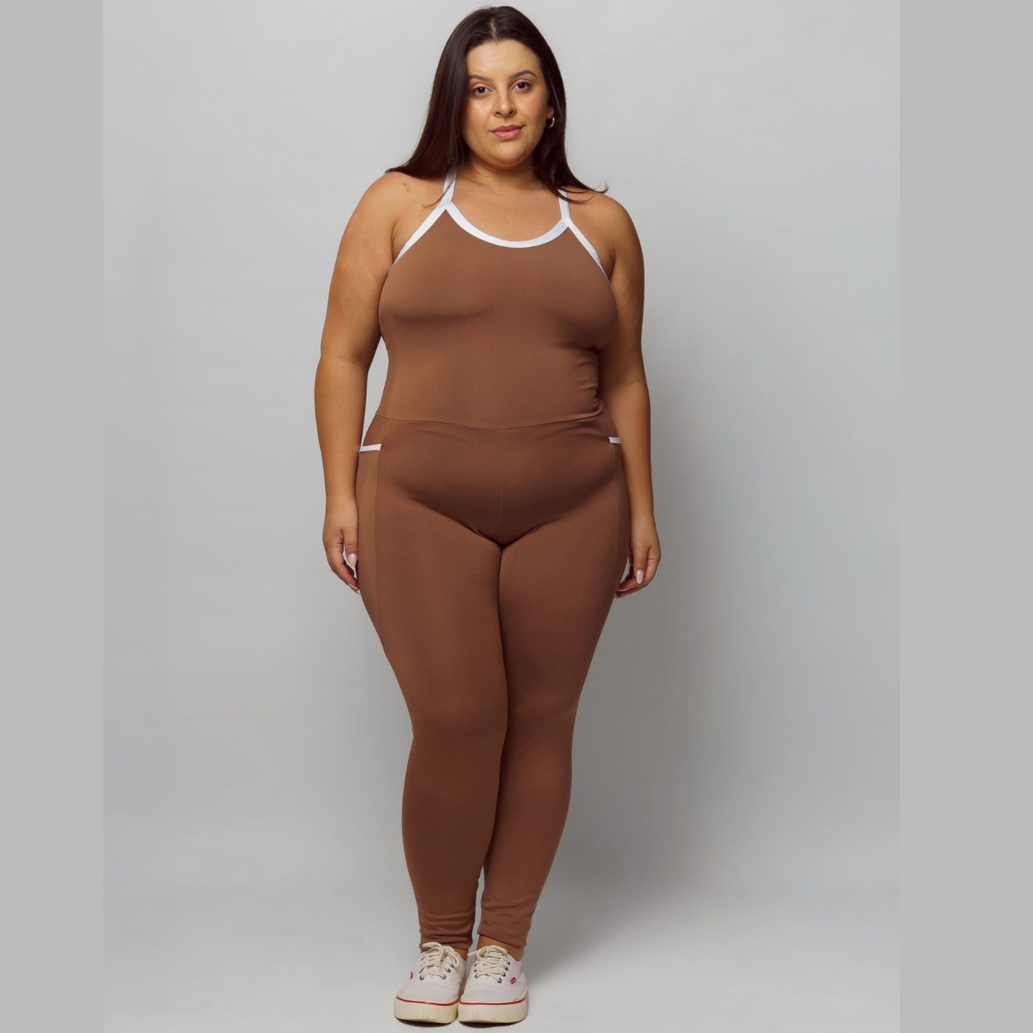 Macacão Fitness Com Bolso Plus Size Feminino Zero Transparência