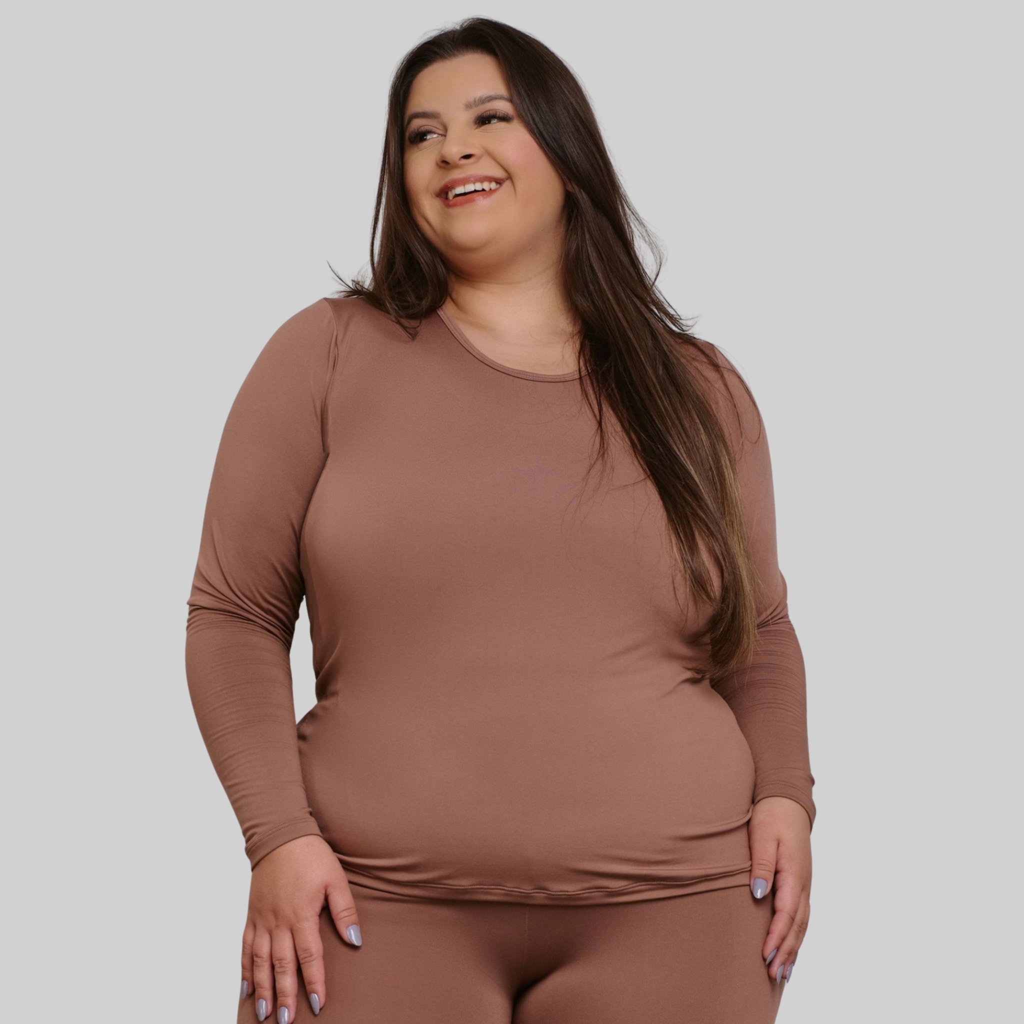 Blusa Plus Size Térmica Flanelada Inverno - Marrom 46 Blusa Plus Size Térmica Flanelada Inverno - Marrom 46