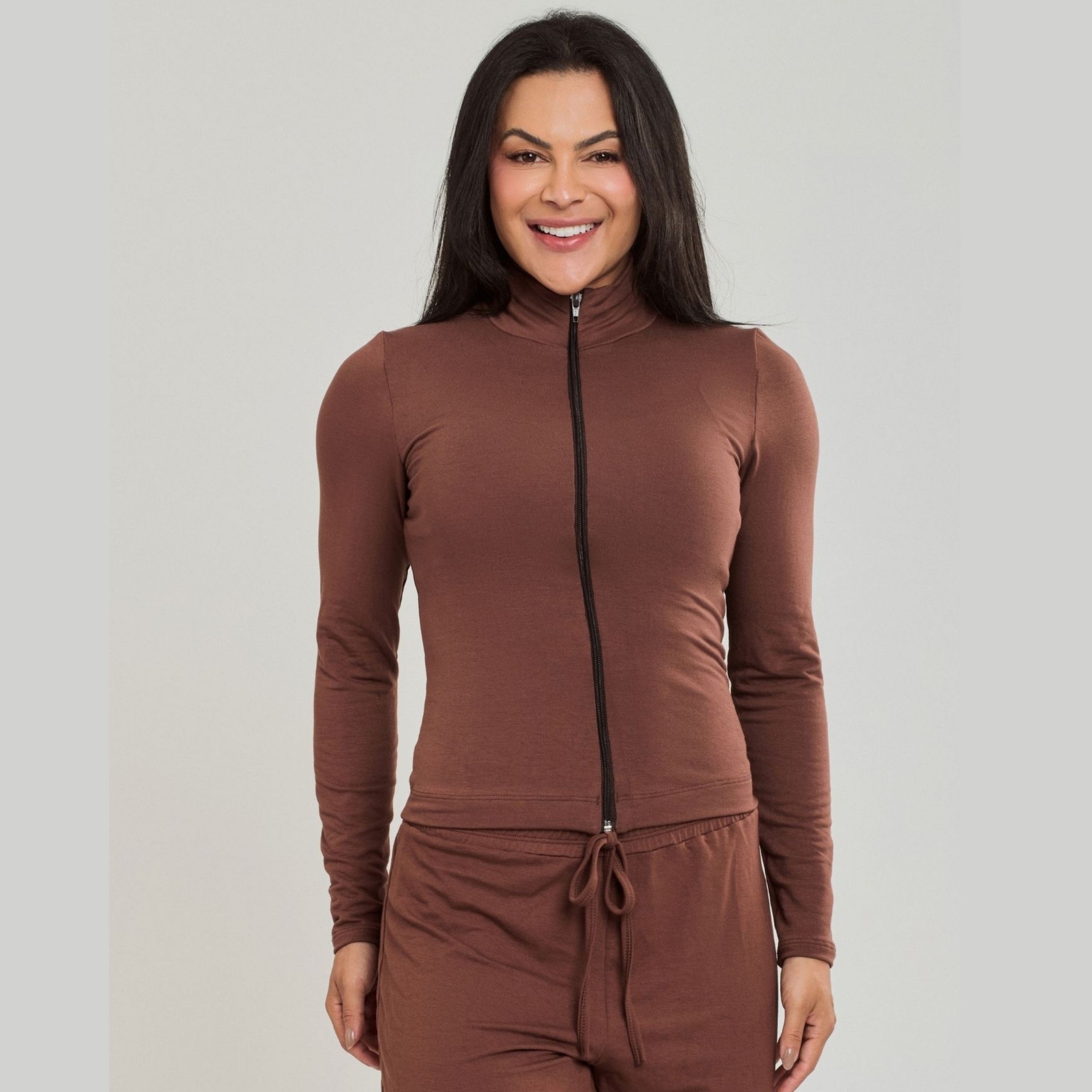 Casaco com Ziper Feminino - Marrom G Casaco com Ziper Feminino - Marrom G