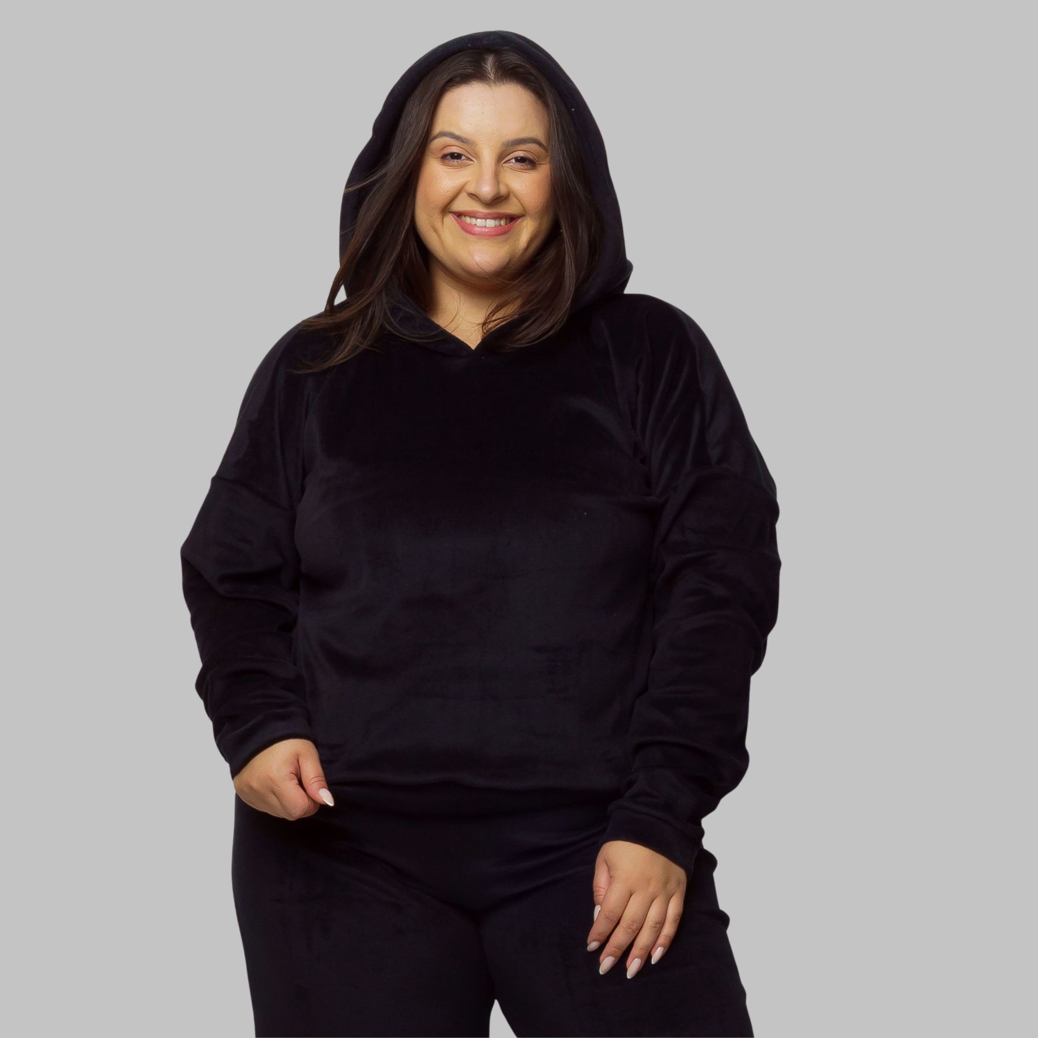 Casaco Plus Size Térmica De Plush Inverno Feminino - Preto 46 Casaco Plus Size Térmica De Plush Inverno Feminino - Preto 46