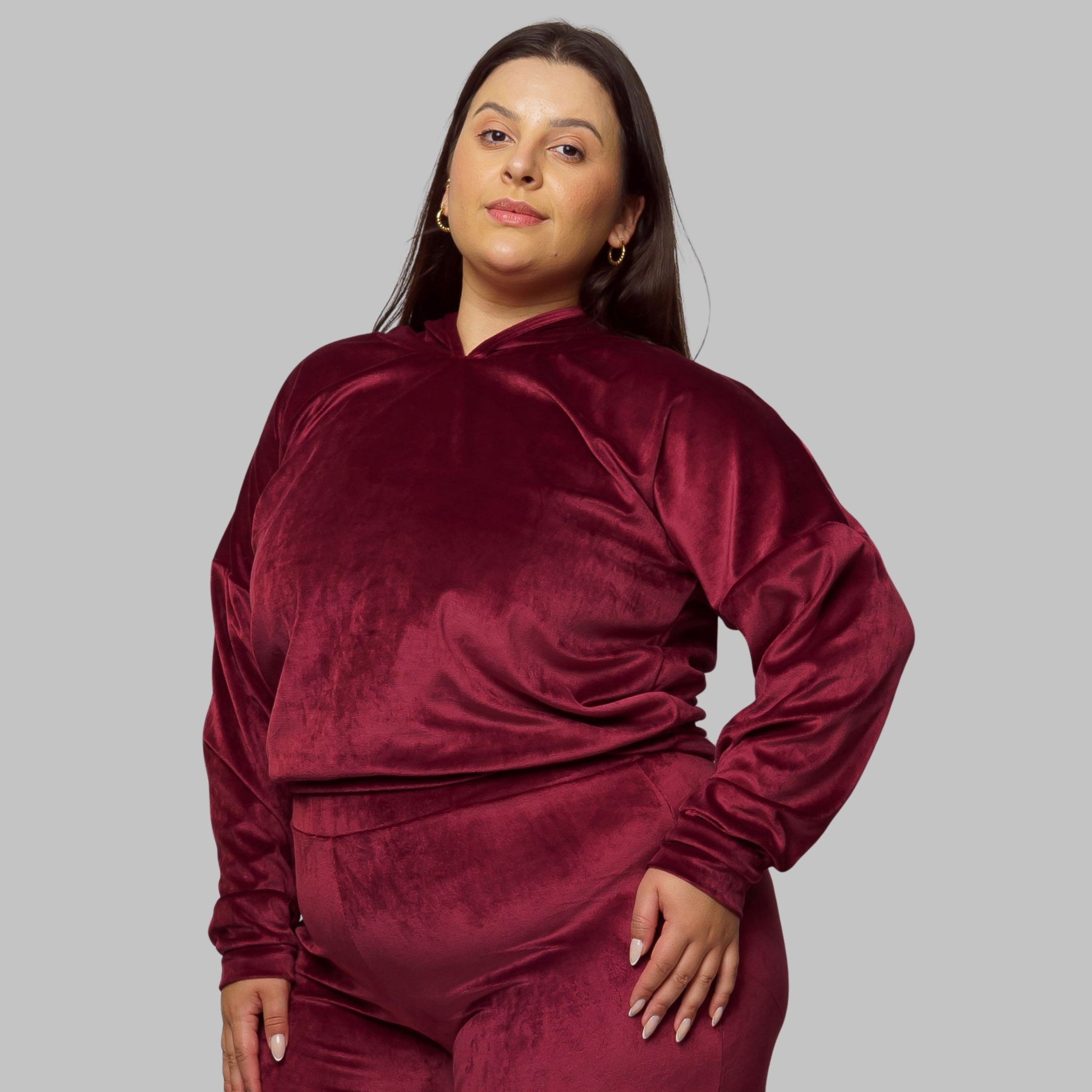 Casaco Plus Size Térmica De Plush Inverno Feminino - Vinho 46 Casaco Plus Size Térmica De Plush Inverno Feminino - Vinho 46