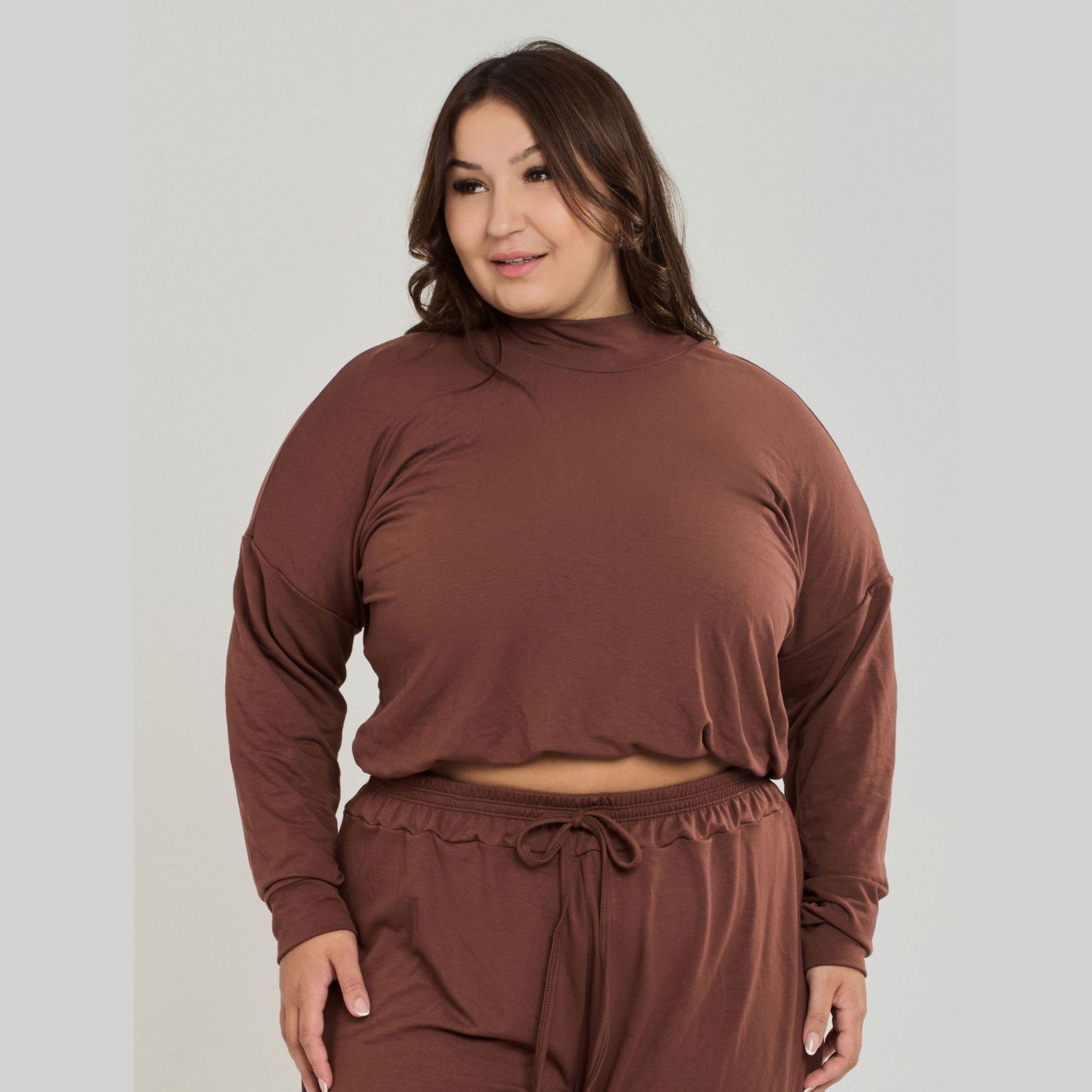 Casaco Plus Size de Gola Alta Feminina - Marrom 46 Casaco Plus Size de Gola Alta Feminina - Marrom 46