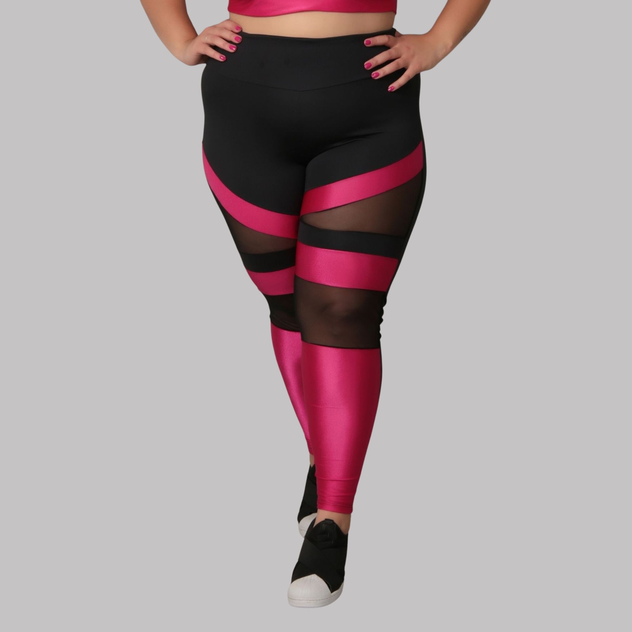 Calça Legging Detalhe em Tule Plus Size - Rosa 46 Calça Legging Detalhe em Tule Plus Size - Rosa 46