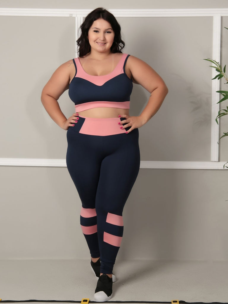 Conjunto fitness Plus Size Marinho com cortes Rosa (top+calça