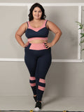 Conjunto fitness Plus Size Marinho com cortes Rosa (top+calça)