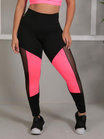 Calça Legging Preta com Detalhe Neon com Tule