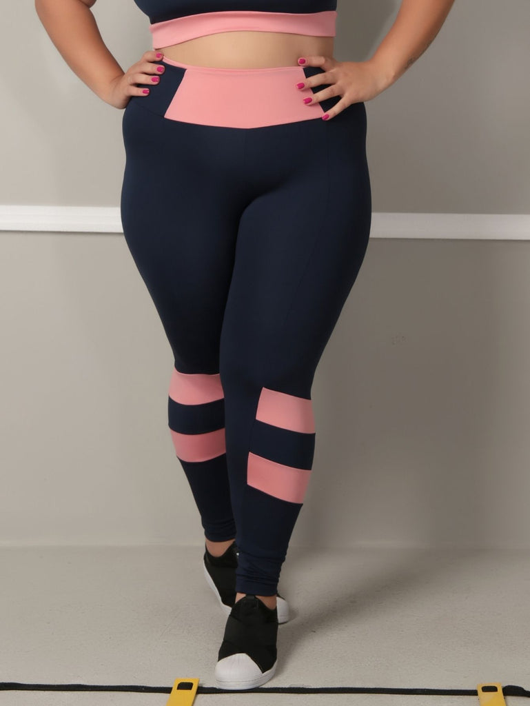 Calça Legging Plus Size Marinho com cortes Rosa – Galvic Fitness