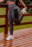 Calça Legging Fitness Cinza Lisa Com Bolso Lateral Detalhe Tela (4118379167789)