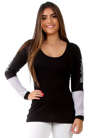 Blusa de manga longa com tela - Preta (4608182190125)